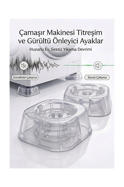 TEK Şeffaf Çamaşır Makinesi Titreşim Önleyici ve Ses Kesici Kaymaz Ayak Pedi 4'lü Set