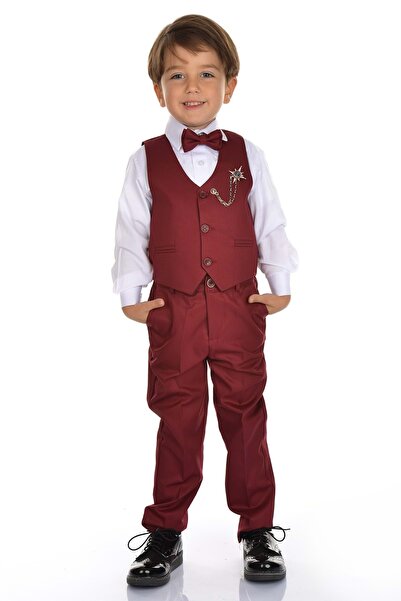 Mnk Yelekli Smokin Erkek Çocuk Takım MNK0273 BORDO