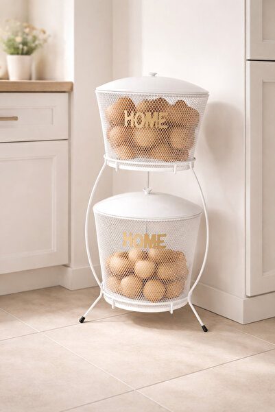 VENON Home Organizer SELVİ 2 Katlı Metal Sebzelik Patates Soğan Sepeti Beyaz ...