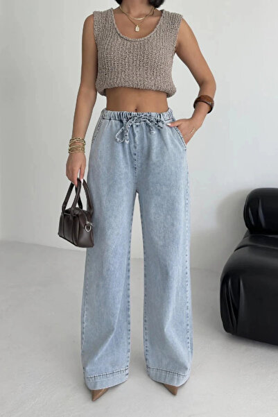 Harmony Παντελόνι Palazzo με ελαστική μέση, ανοιχτό μπλε, ψηλόμεσο, με φαρδιά...