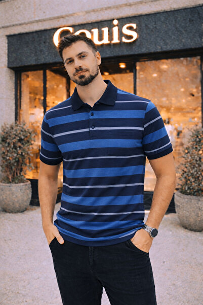 Butik Büyük Beden Tek Cepli Çizgili Polo Yaka Erkek Tişört