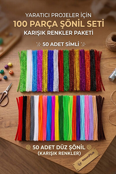 NEON PLUS Renkli Tel Çubuk Şönil 30cm, 50 Adet Simli Şönil ve 50 Adet Renkli ...