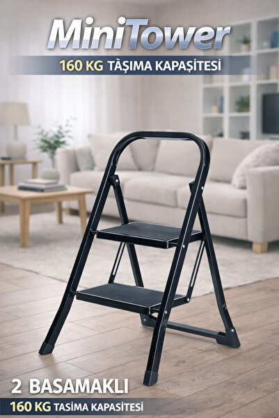 KonkTools MiniTower 2 Basamaklı Metal Merdiven - Ekstra Güçlü Siyah MT2