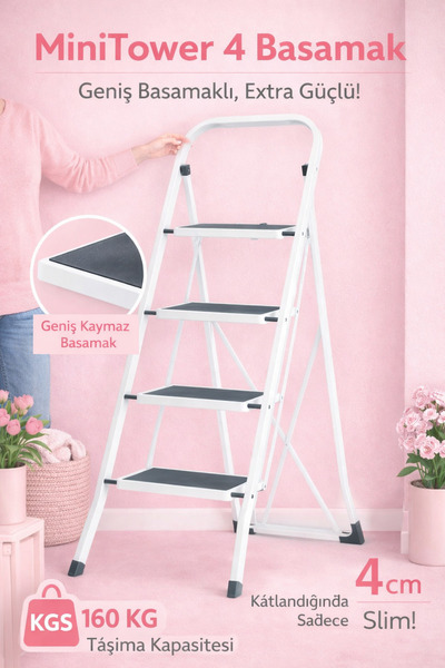 Konk Tools MiniTower 4 Basamaklı Metal Merdiven - Ekstra Güçlü 150 kg Kapasit...