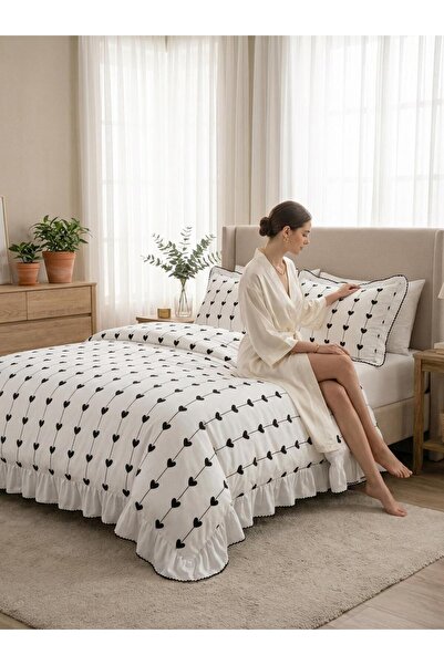 BESTİNA GOLD Σετ Παπλωματοθήκης Διπλό 100% Βαμβάκι με Στολίδι Καρδιά και Φιόγ...