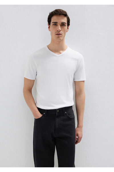 Mavi White V-Neck Rib Detailed Fitted T-Shirt -063748-620