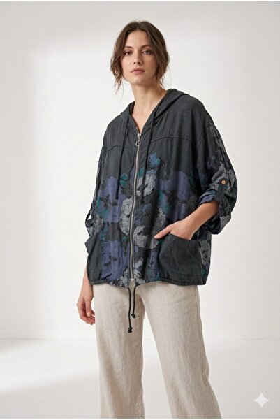 della moor Γυναικεία μπλούζα ανθρακί ιταλική με λουλουδάτο σχέδιο, με φερμουά...