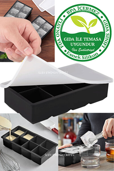 Eysigo Kapaklı Premium Büyük 8 Bölmeli Silikon Buz Kalıbı, Siyah