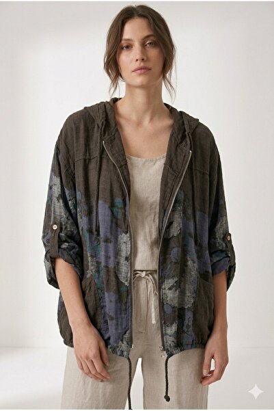 della moor Γυναικεία καφέ ιταλική μπλούζα με λουλουδάτο σχέδιο, με φερμουάρ μ...