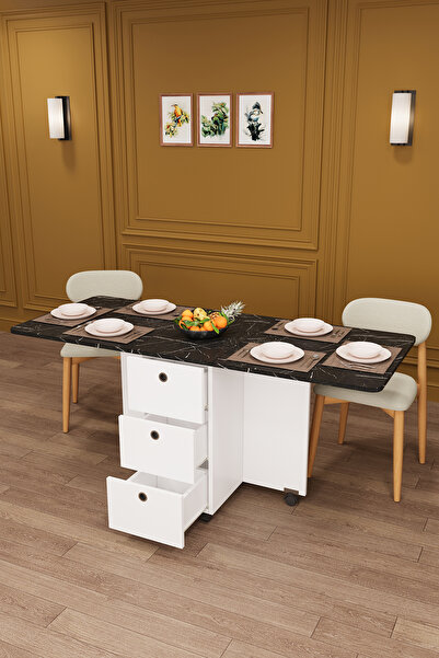 asratrend Lüks Katlanır Mutfak Yemek Masası %100 MDF Pratik Çekmeceli Çalışma...