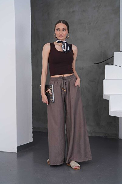 NEW JOURNAL Γυναικείο παντελόνι βιζόν με ελαστικό δέσιμο στη μέση και ντραπέ ...