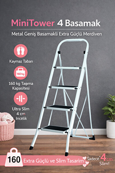 ERTEKPA MiniTower 4 Basamaklı Metal Merdiven - Ekstra Güçlü Beyaz