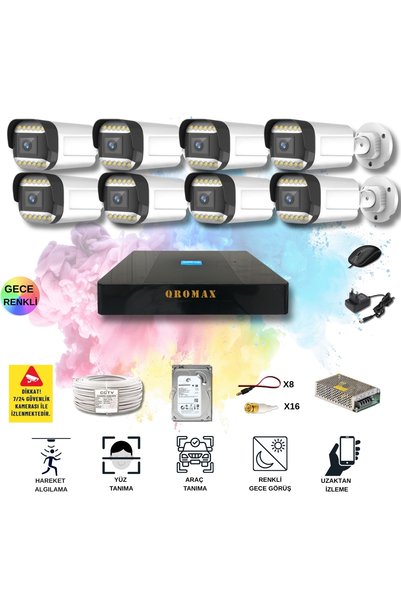 qromax 8 Kameralı Set - Yapay Zeka Özellikli Gece Renkli Gösteren 5MP Güvenlik Kamerası Seti 312w-9008