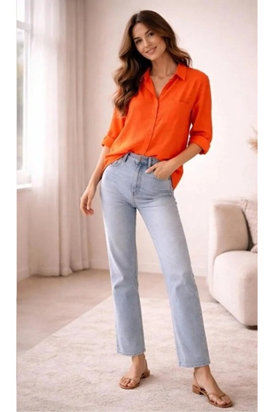 blackbonds Kadın Turuncu Oversize Pamuklu Rahat Tek Cepli Keten Gömlek – Yeni...