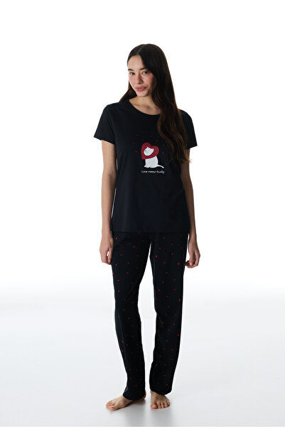 Penti Black Meow-Tually Cotton Piece Pants Pajama Set