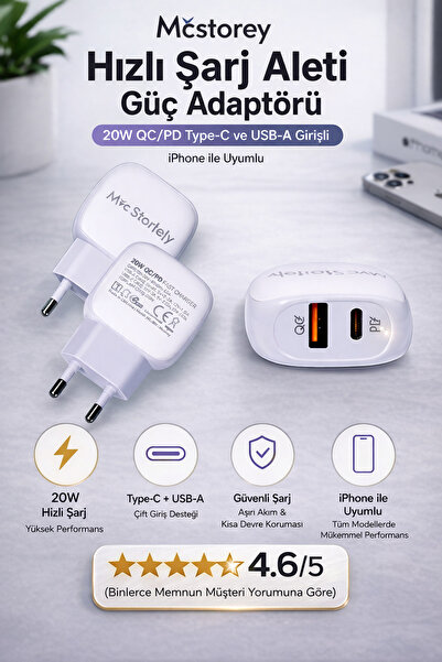 Mcstorey Hızlı Şarj Aleti Güç Adaptörü 20W QC/PD Type-C ve USB-A Girişli iPho...