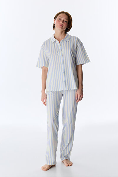 Penti Mavi Cozy Club Cotton Lu Striped Shirt and Pants Pajama Set
