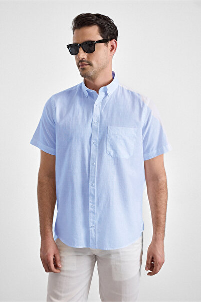 SÜVARİ Loose Cut Short Sleeve Blue Men's Shirt