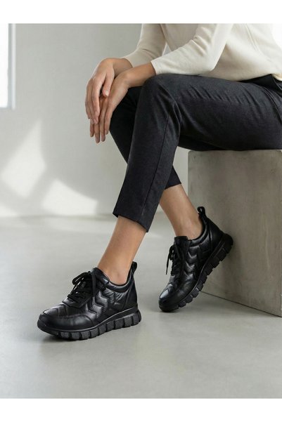 Zoe3 Style Women's Black Shiny Satin and Leather Detailed Flat Sole Lace-Up Sports Shoes