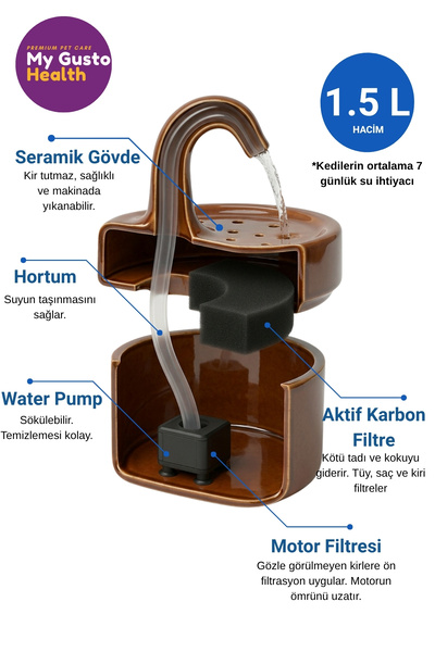My Gusto Health Premium Seramik Kedi ve Köpek Su Pınarı - Ultra Sessiz Motorlu Su Sebili
