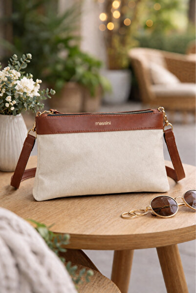 Moom Bag Γυναικεία Κρεμ Τσάντα Χειρός από Λινό Ύφασμα Massini