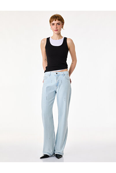 Koton Long Straight Leg Regular Waist Pocketed Buttoned Stoned Denim Trousers...