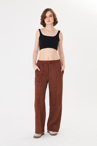 Avones Γυναικείο παντελόνι με τσέπες και φαρδιά μπατζάκια - καφέ