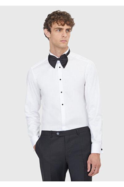 Ramsey Λευκό Απλό Πουκάμισο Σμόκιν με εφαρμοστό Διπλές Μανσέτες