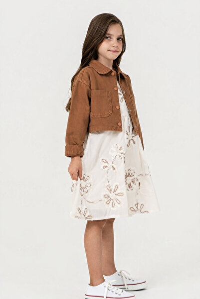 Alin Alp 4-8 Years Old Girl's Embroidered Dress Brown Denim Jacket Combinatio...