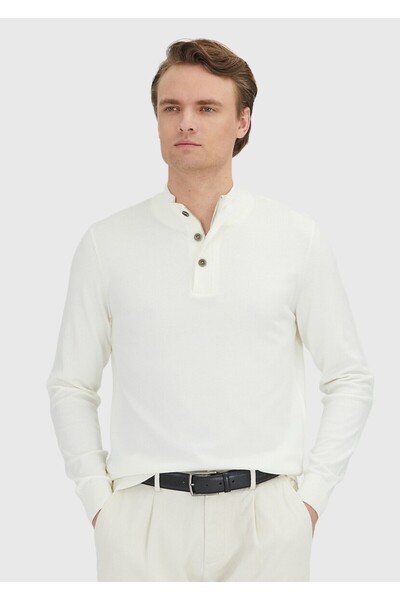 Ramsey Ecru Polo Neck Plain Knit Sweater