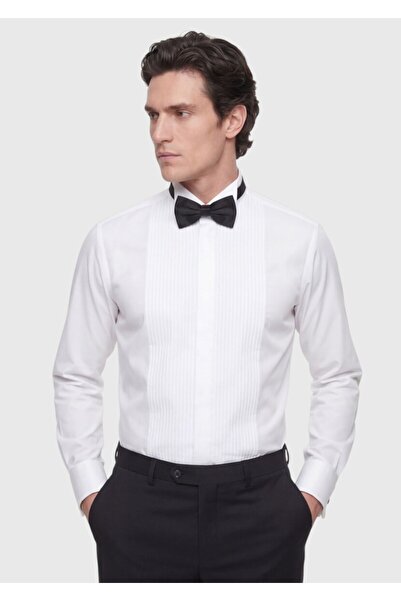 Ramsey Λευκό Απλό Πουκάμισο Σμόκιν με εφαρμοστό Διπλές Μανσέτες