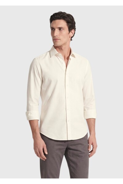 Ramsey Μπεζ Απλό Casual Fit Υφαντό Casual 100% Βαμβάκι Πουκάμισο