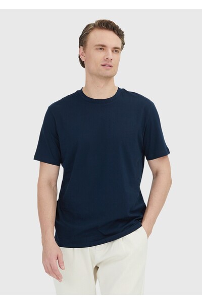 Ramsey Μπλουζάκι Navy Blue Plain Crew Neck 100% βαμβακερό