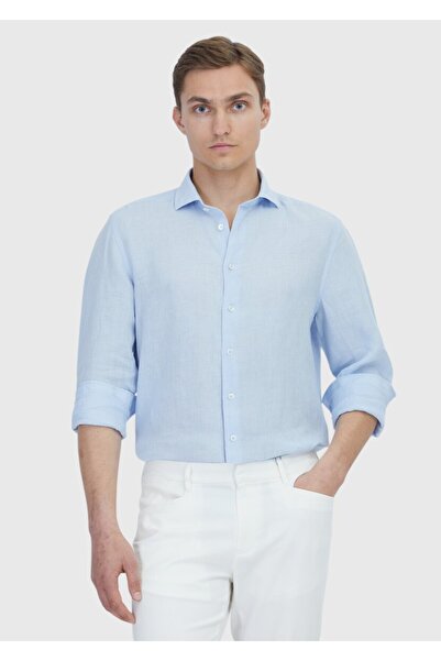 Ramsey Blue Plain Casual Fit Woven Casual 100% Linen Shirt