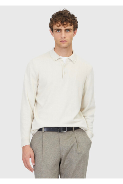 Ramsey Ecru Polo Neck Plain Knit Wool Blend Sweater