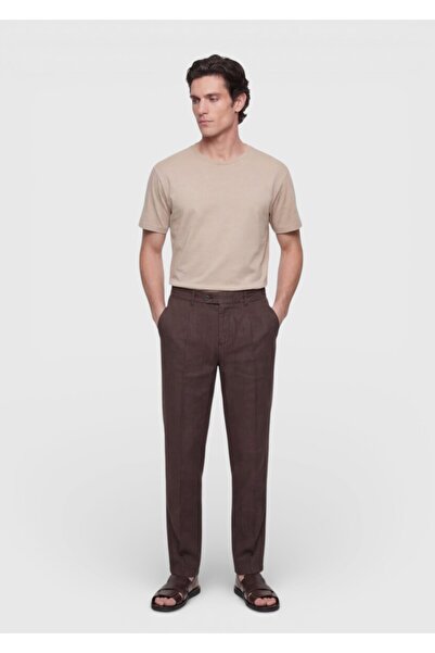 Ramsey Brown Plain Woven Jogging Fit Casual 100% Linen Trousers