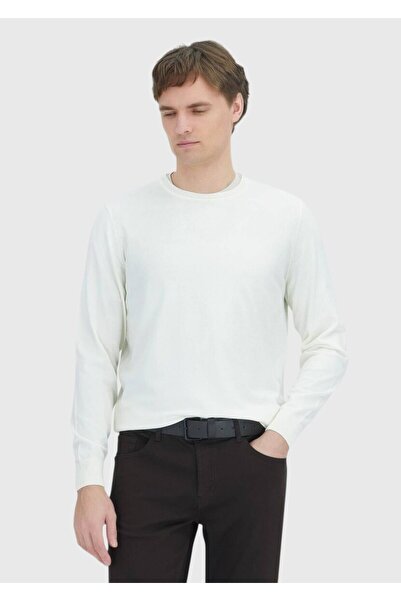 Ramsey Ecru Crew Neck Plain Knit Sweater