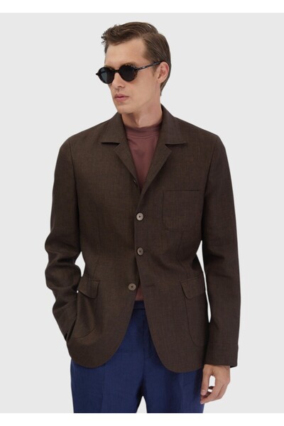 Ramsey Καφέ ίσιο πουκάμισο Shoulder εφαρμοστό 100% λινό μπουφάν