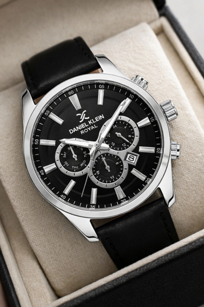 Daniel Klein ساعة يد رجالية مع تقويم، سوار من الجلد الأسود، هيكل فولاذي فضي ا...