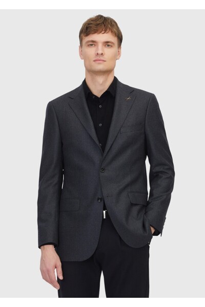 Ramsey Black Patterned Regular Fit 100% Wool Jacket