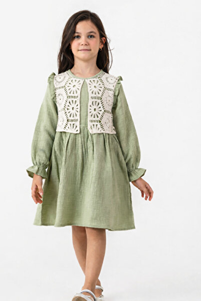 Alin Alp 4-8 Years Old Girl's Green Muslin Dress with Lace Embroidery-4 Y