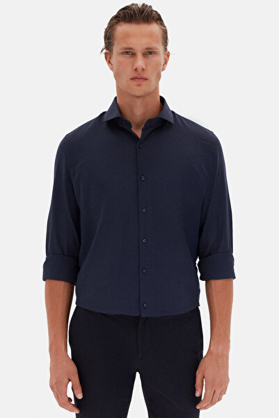 D'S Damat Ds Groom Slim Fit Navy Blue Ιταλικός γιακάς Dobby μακρυμάνικος εύκο...