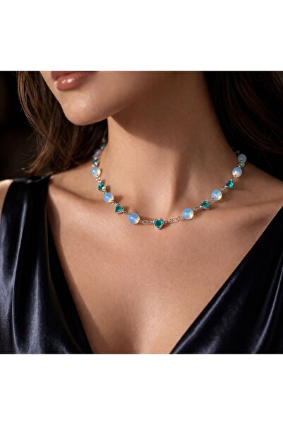 Aurevyn Design Doğal Taşlı Mavi Kalp Desenli Choker Kolye