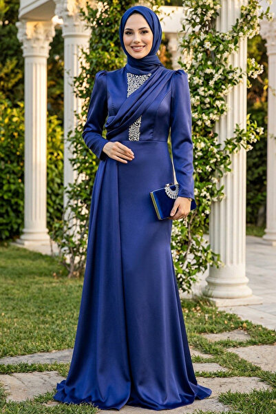 Neva Style Βραδινό φόρεμα με ουρά Navy Blue Satin Hijab 22891L