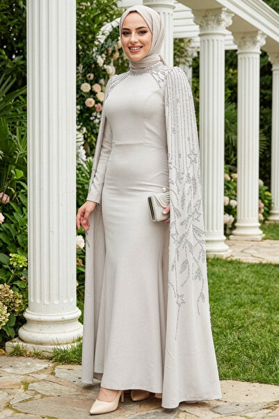 Neva Style Μπεζ Τζιλάτσα Βραδινό Φόρεμα με Μανίκια Κάπα 51681BEJ