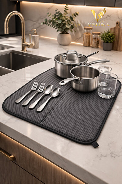 Grey Dish Drying Mat 35x45 Cm Microfiber Ultra Absorbent Kitchen Countertop Drying Mat