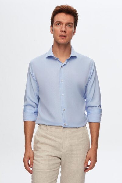 D'S Damat Ds Groom Slim Fit Μπλε ιταλικό πέτο Dobby μακρυμάνικο εύκολο σιδέρω...