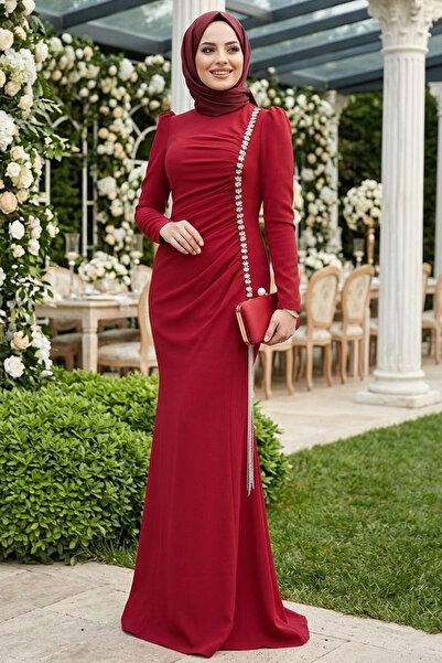 N.S NEVA STYLE -Βουργουνδία Hijab βραδινό φόρεμα με λεπτομέρεια από χάντρες 4...