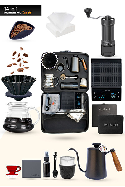 MIBRU طقم قهوة V60 مكون من 14 قطعة - طقم تحضير قهوة كامل للمنزل والخارج مع حقيبة