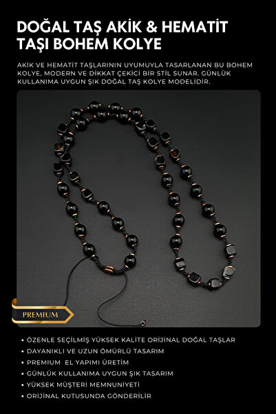 Seven Art Jewelry Doğal Taş, Desenli Akik Bohem Kolye, Erkek Kolye, Kadın Kolye